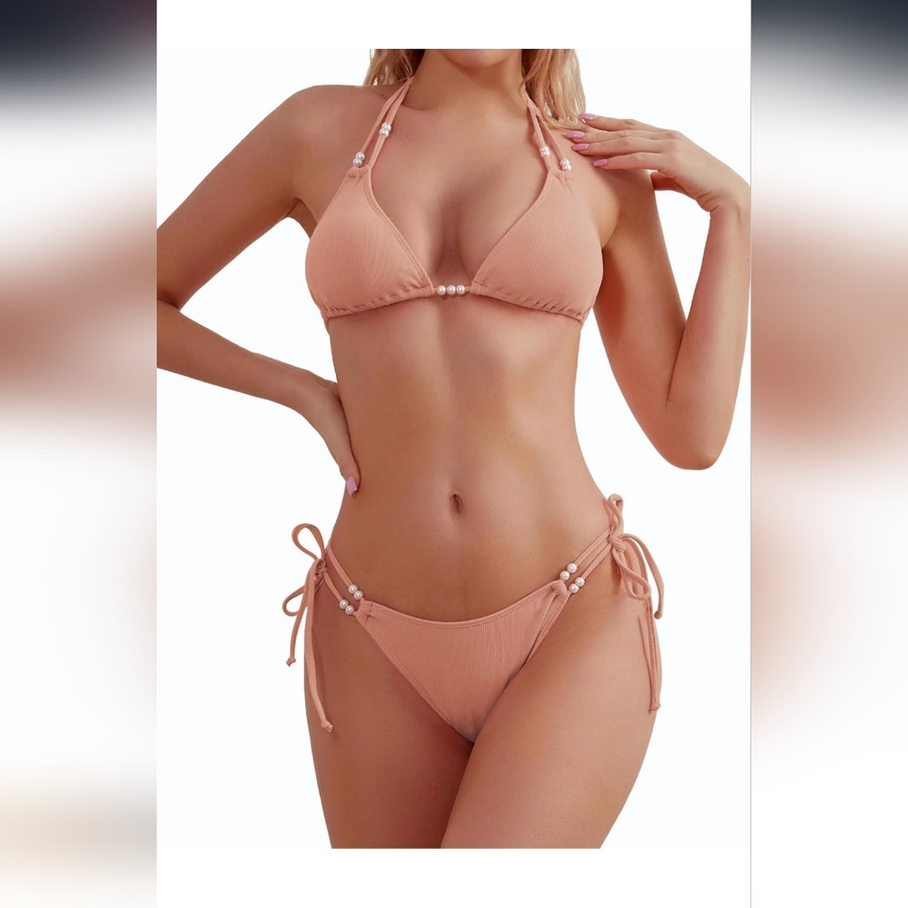 Pearled Double Tie String Coral Bikini